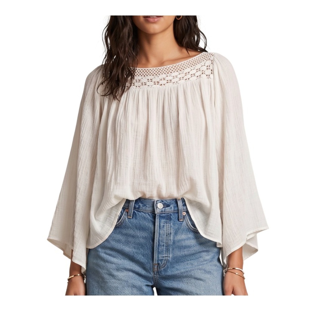 JEN'S PIRATE BOOTY Off-White Gauze Top CROCHET LACE TRIM Bell Sleeves Billowy S